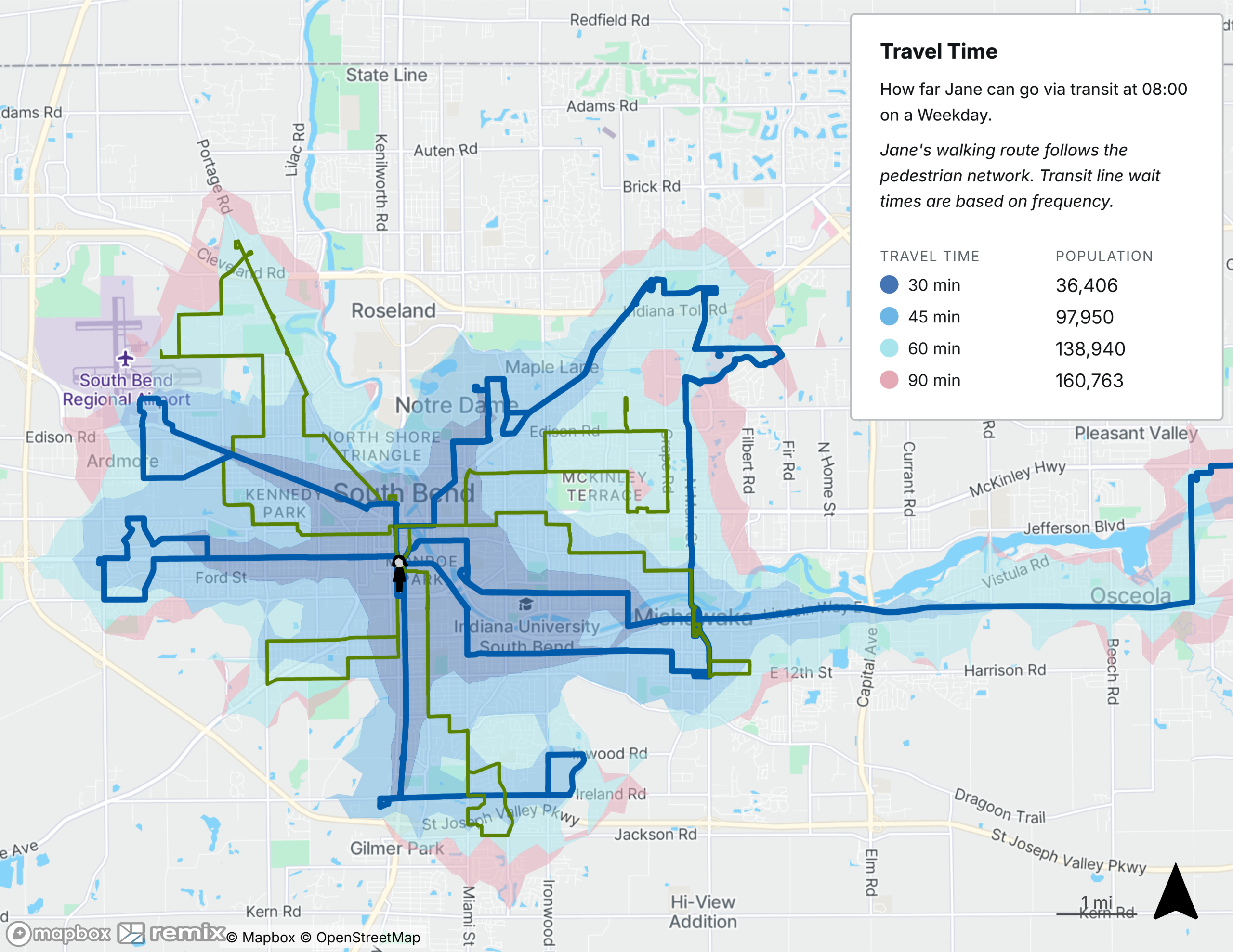 A map depicting a ridership-focused change, with low usage route segments removed.