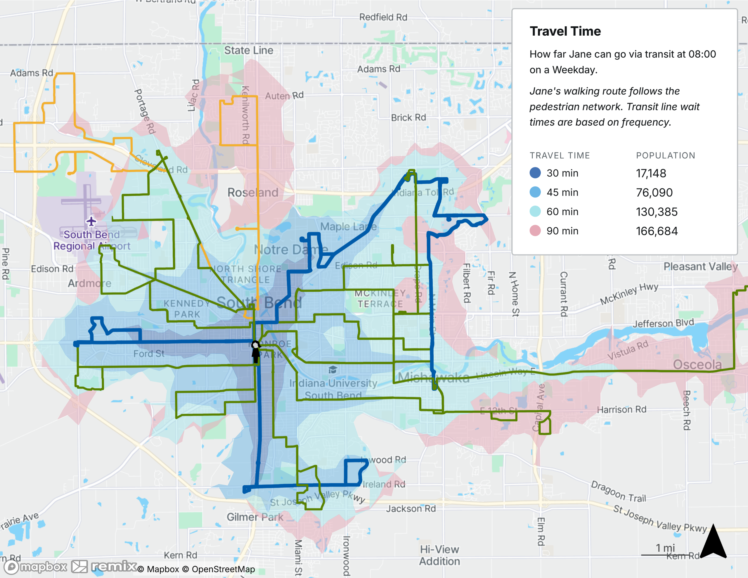 A map depicting a coverage-focused change, with frequency reduced on some routes.